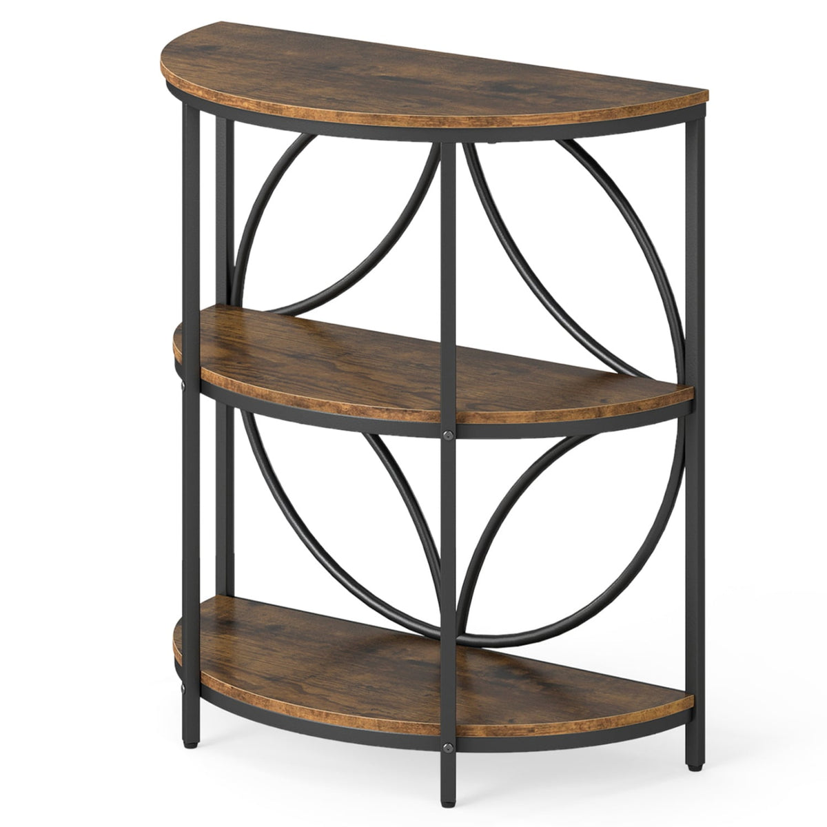 3-Tier Half Round End Table with Study Metal Frame for Living Room-Rustic Brown-End & Side Tables-DECOROLALA