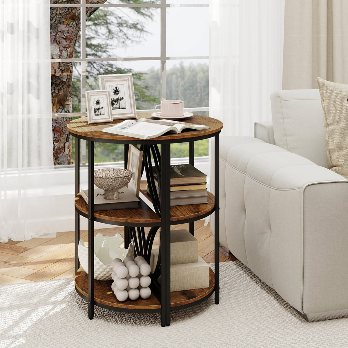 3-Tier Half Round End Table with Study Metal Frame for Living Room-Rustic Brown-End & Side Tables-DECOROLALA