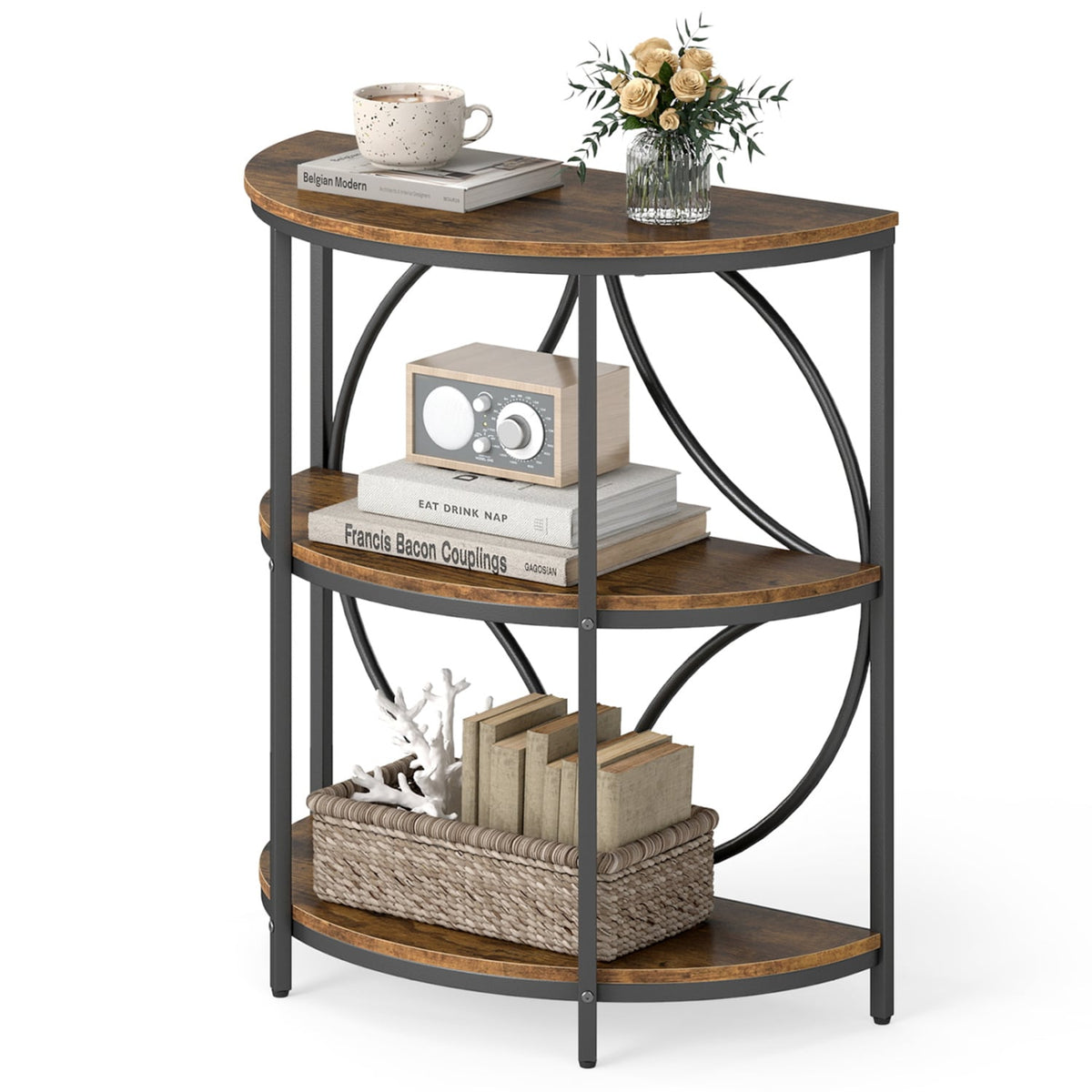 3-Tier Half Round End Table with Study Metal Frame for Living Room-Rustic Brown-End & Side Tables-DECOROLALA