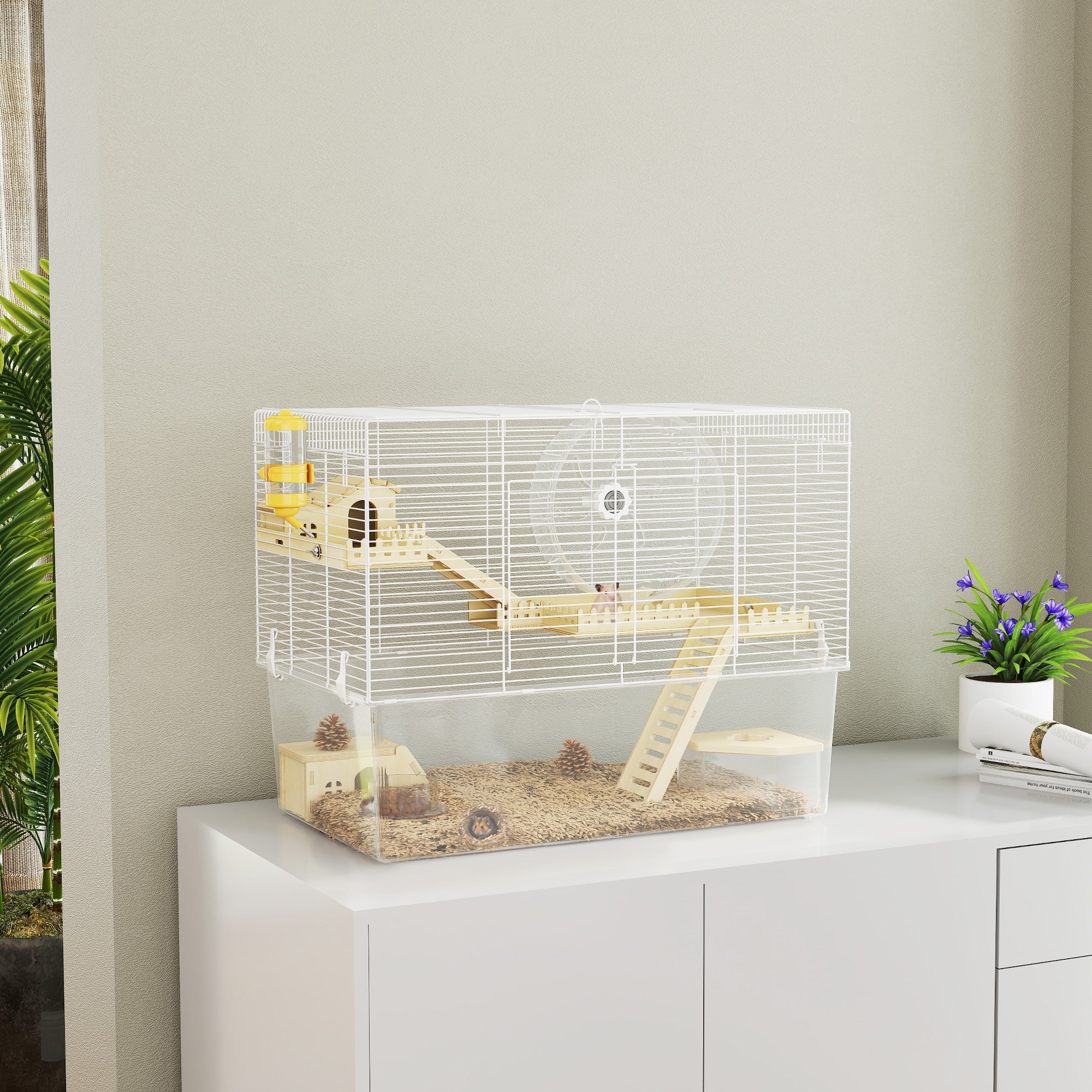 3-Tier Hamster Cage with Deep Bottom and Exercise Wheel - White-Small Animals-DECOROLALA