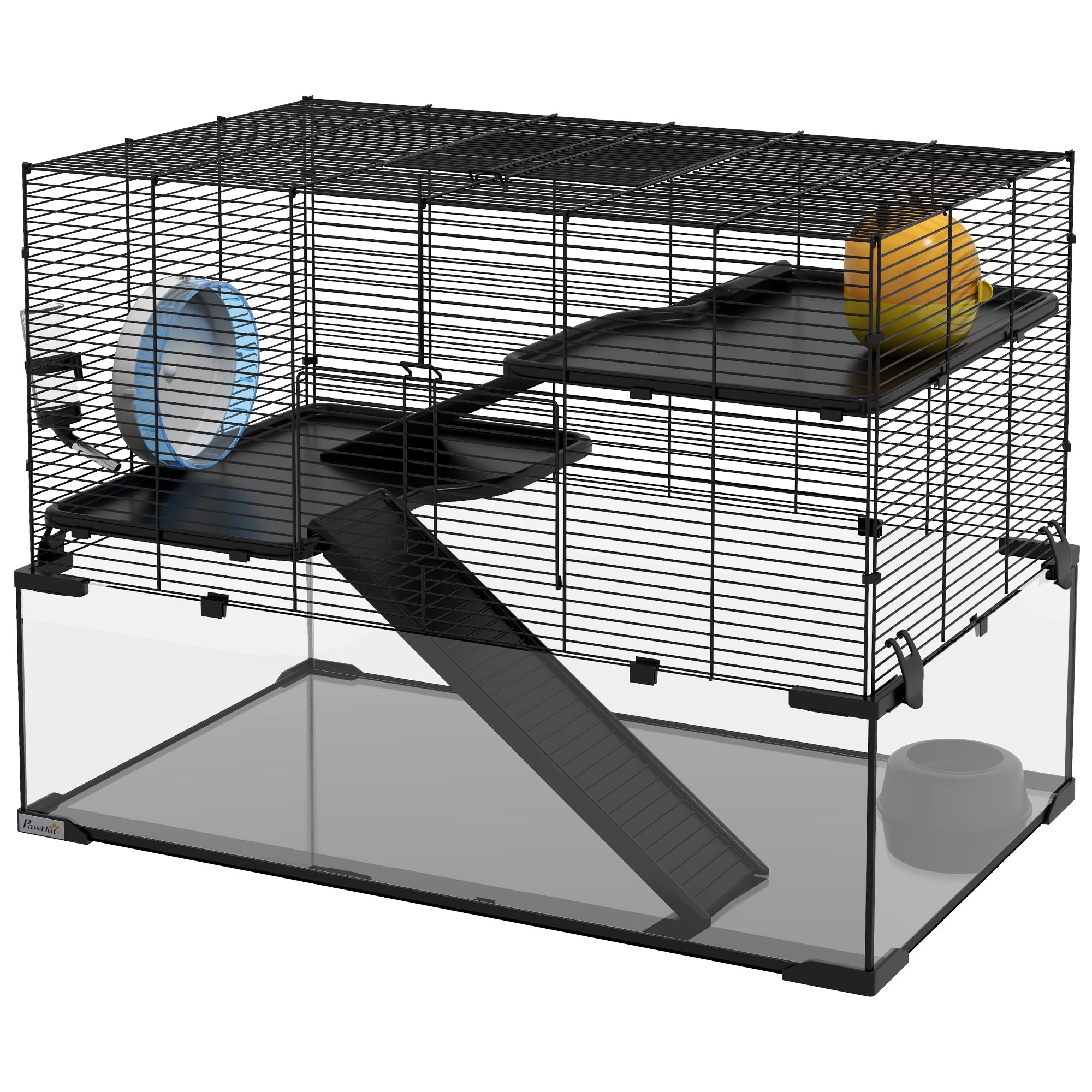 3-Tier Hamster Cage with Glass Basin and Accessories - Black-Small Animals-DECOROLALA