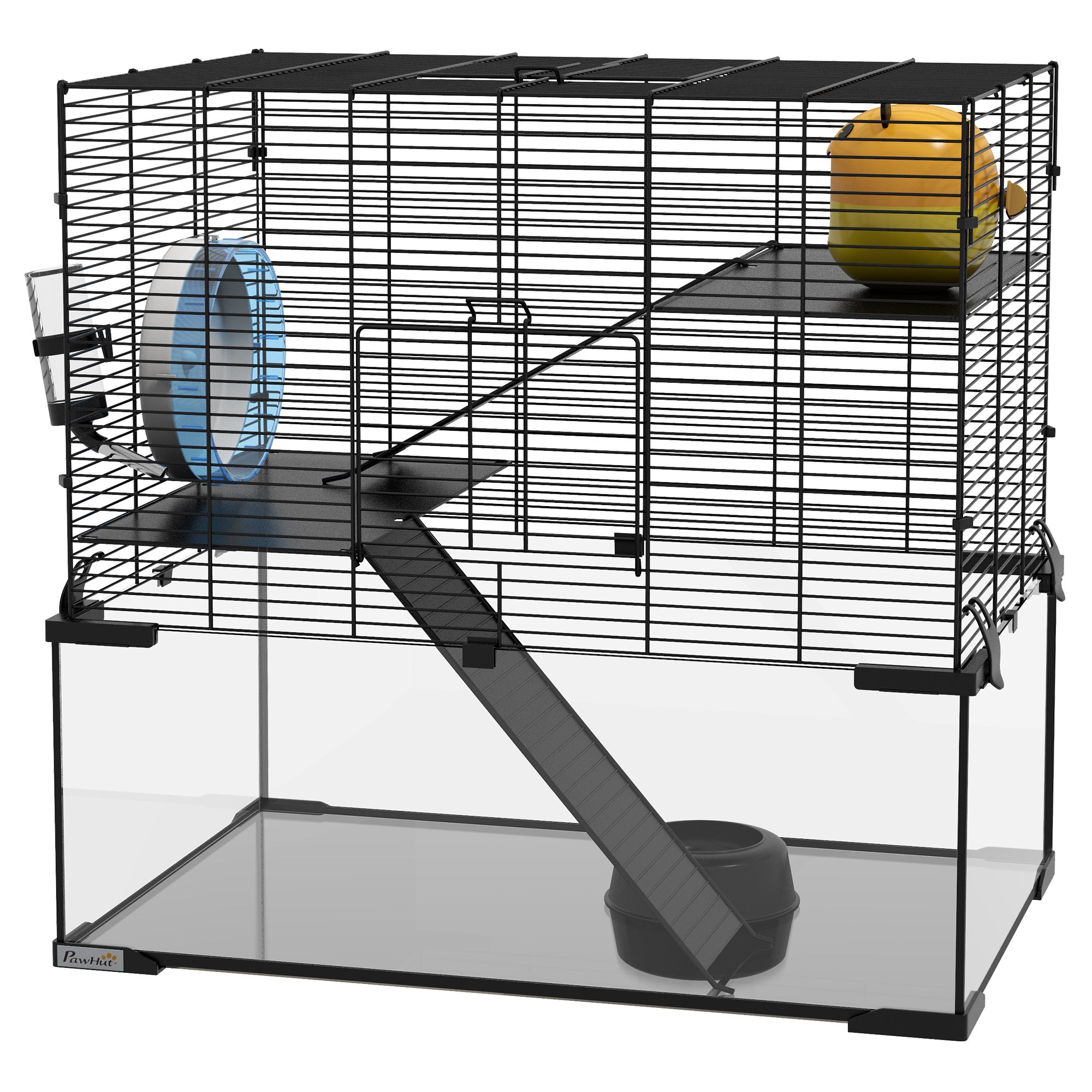 3-Tier Hamster Cage with Glass Basin and Accessories - Black-Small Animals-DECOROLALA