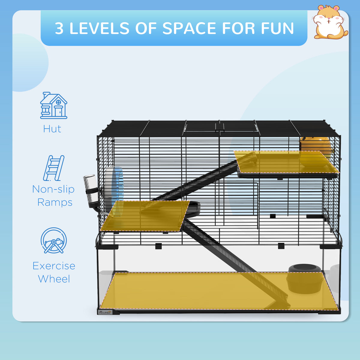 3-Tier Hamster Cage with Glass Basin and Accessories - Black-Small Animals-DECOROLALA