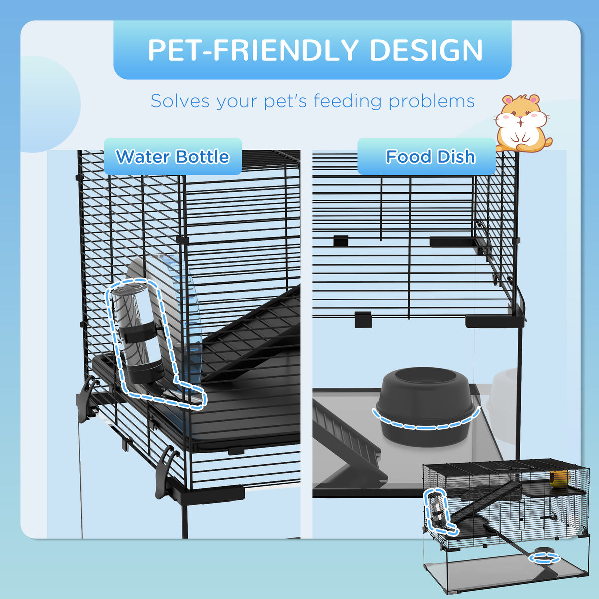 3-Tier Hamster Cage with Glass Basin and Accessories - Black-Small Animals-DECOROLALA