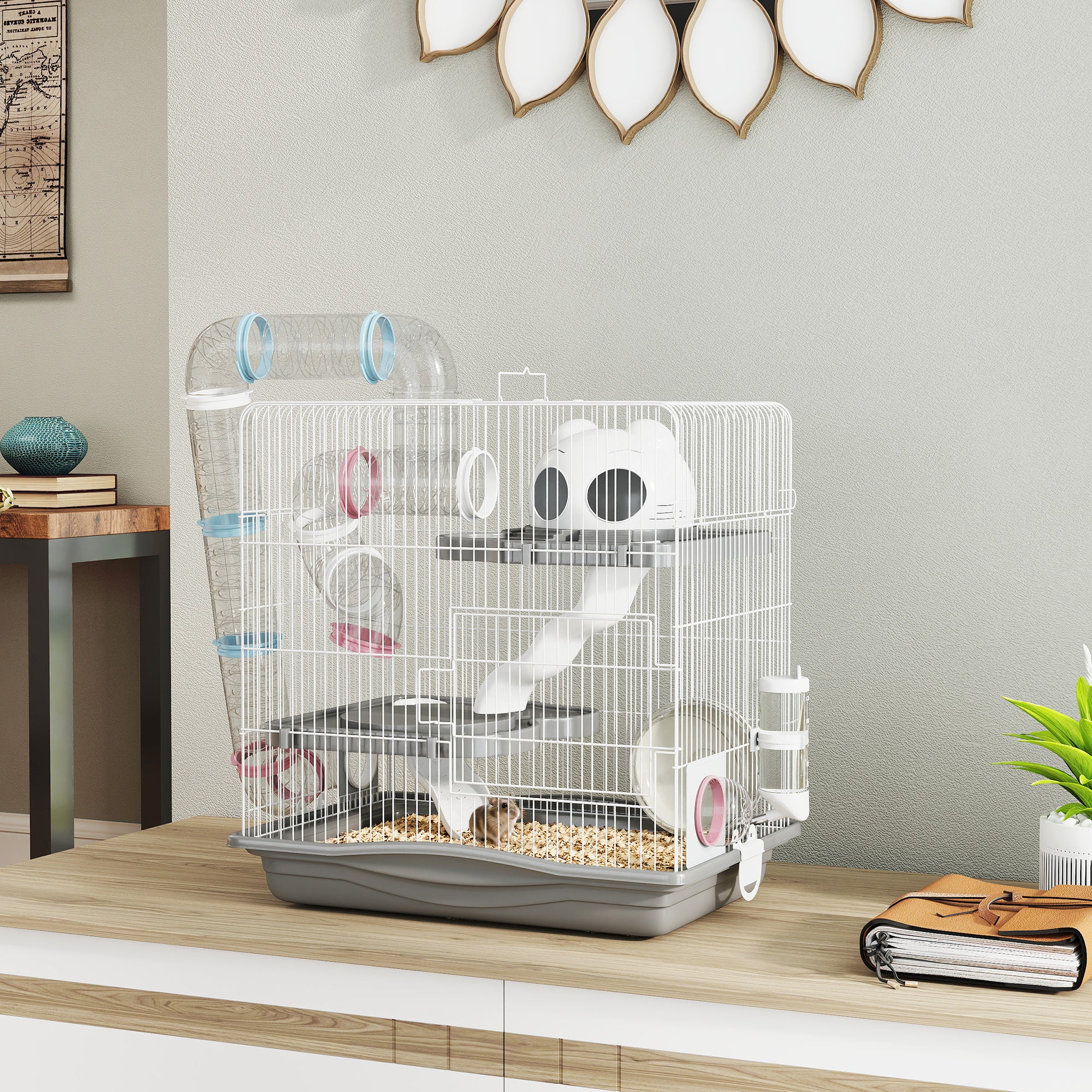 3-Tier Hamster Cage with Tubes and Accessories - Grey 18"L-Small Animals-DECOROLALA