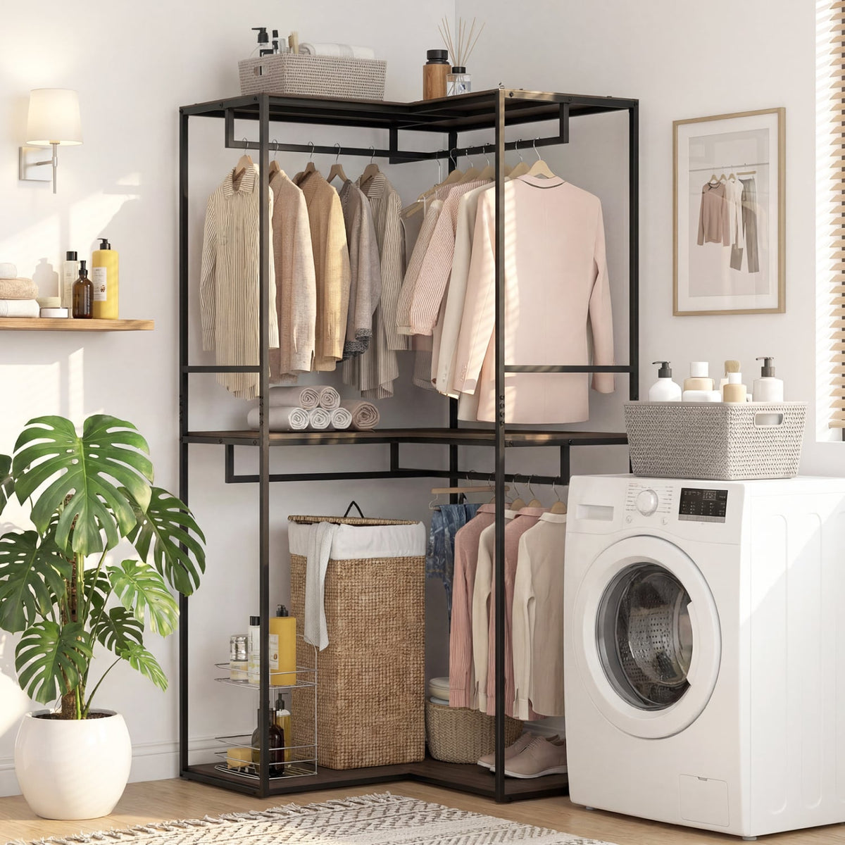 3-Tier Heavy Duty Clothes Rack with 3 Shelves & 2 Hanging Racks-Black & Brown-Clothing & Closet Storage-DECOROLALA