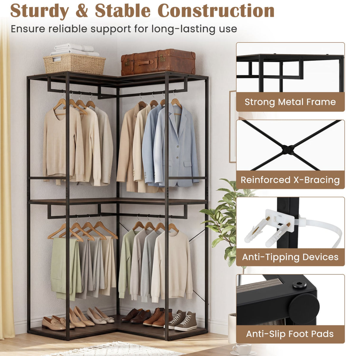 3-Tier Heavy Duty Clothes Rack with 3 Shelves & 2 Hanging Racks-Black & Brown-Clothing & Closet Storage-DECOROLALA