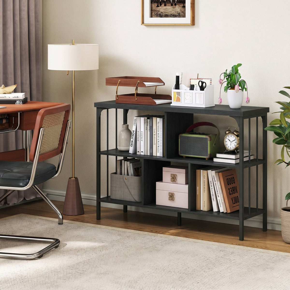 3-Tier Horizontal Cubby Bookshelf with Open Shelves-Black-Bookcases-DECOROLALA