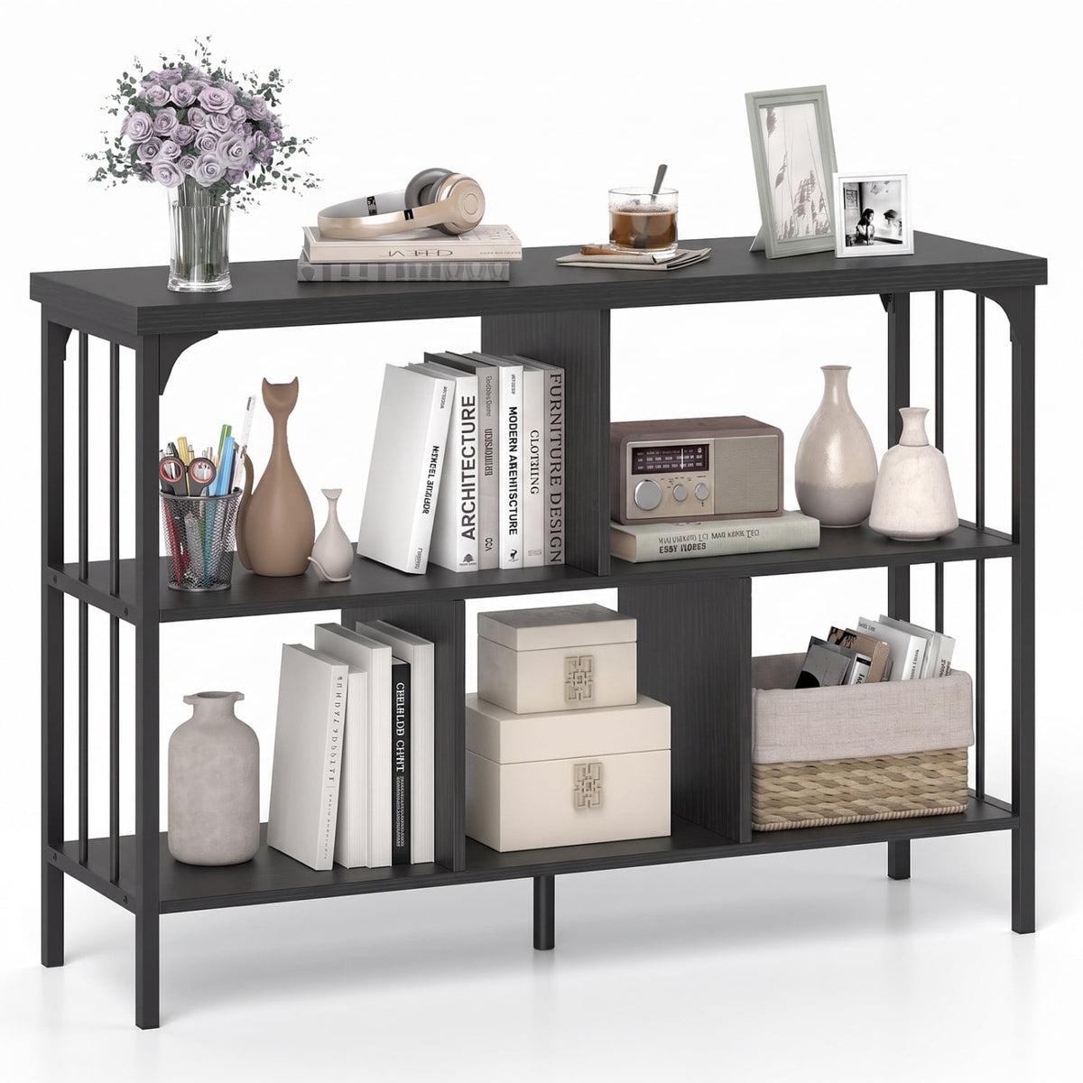 3-Tier Horizontal Cubby Bookshelf with Open Shelves-Black-Bookcases-DECOROLALA