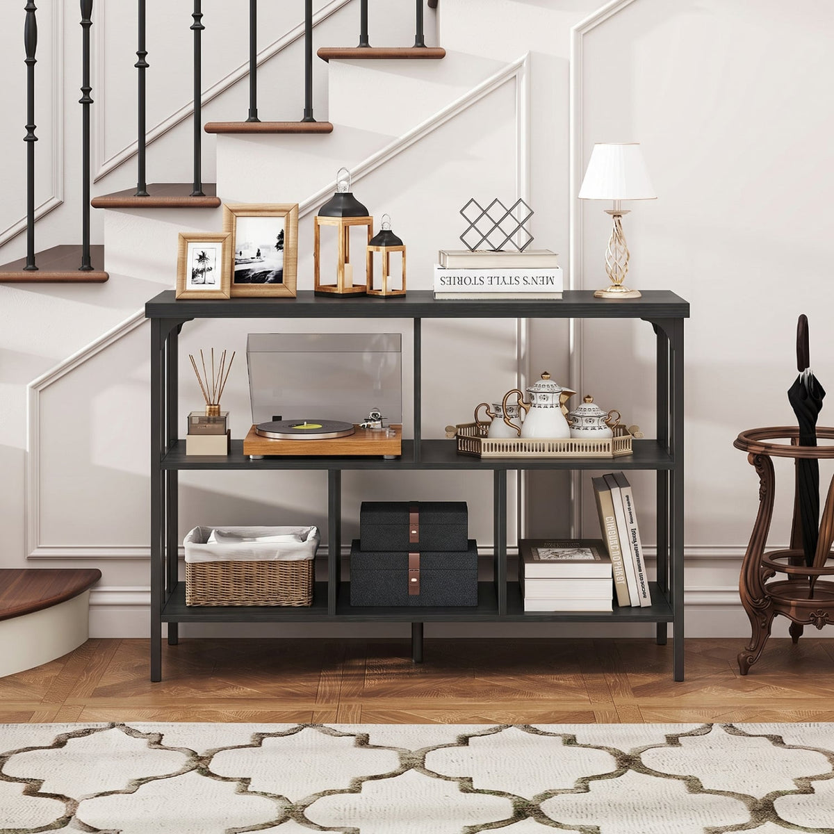 3-Tier Horizontal Cubby Bookshelf with Open Shelves-Black-Bookcases-DECOROLALA