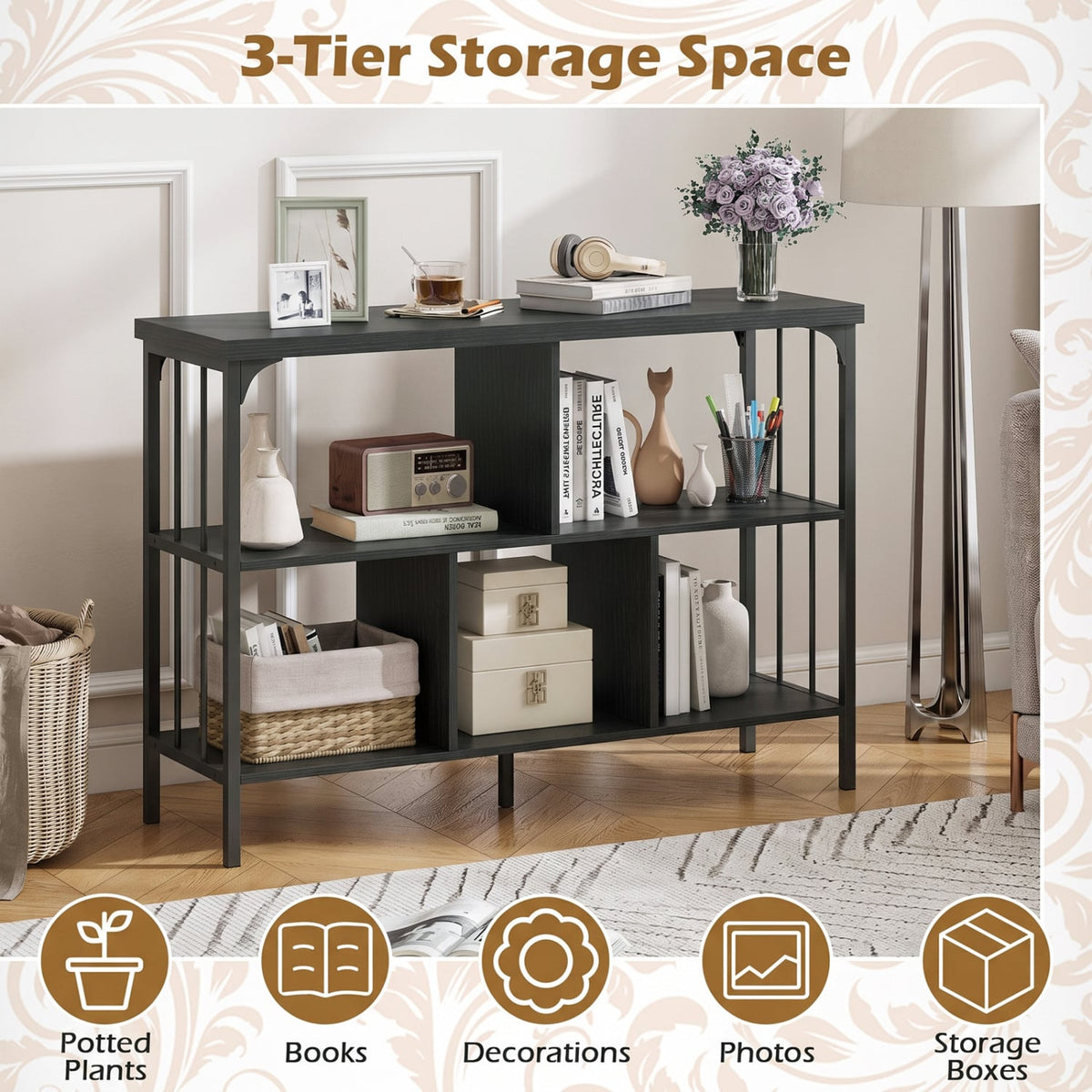 3-Tier Horizontal Cubby Bookshelf with Open Shelves-Black-Bookcases-DECOROLALA