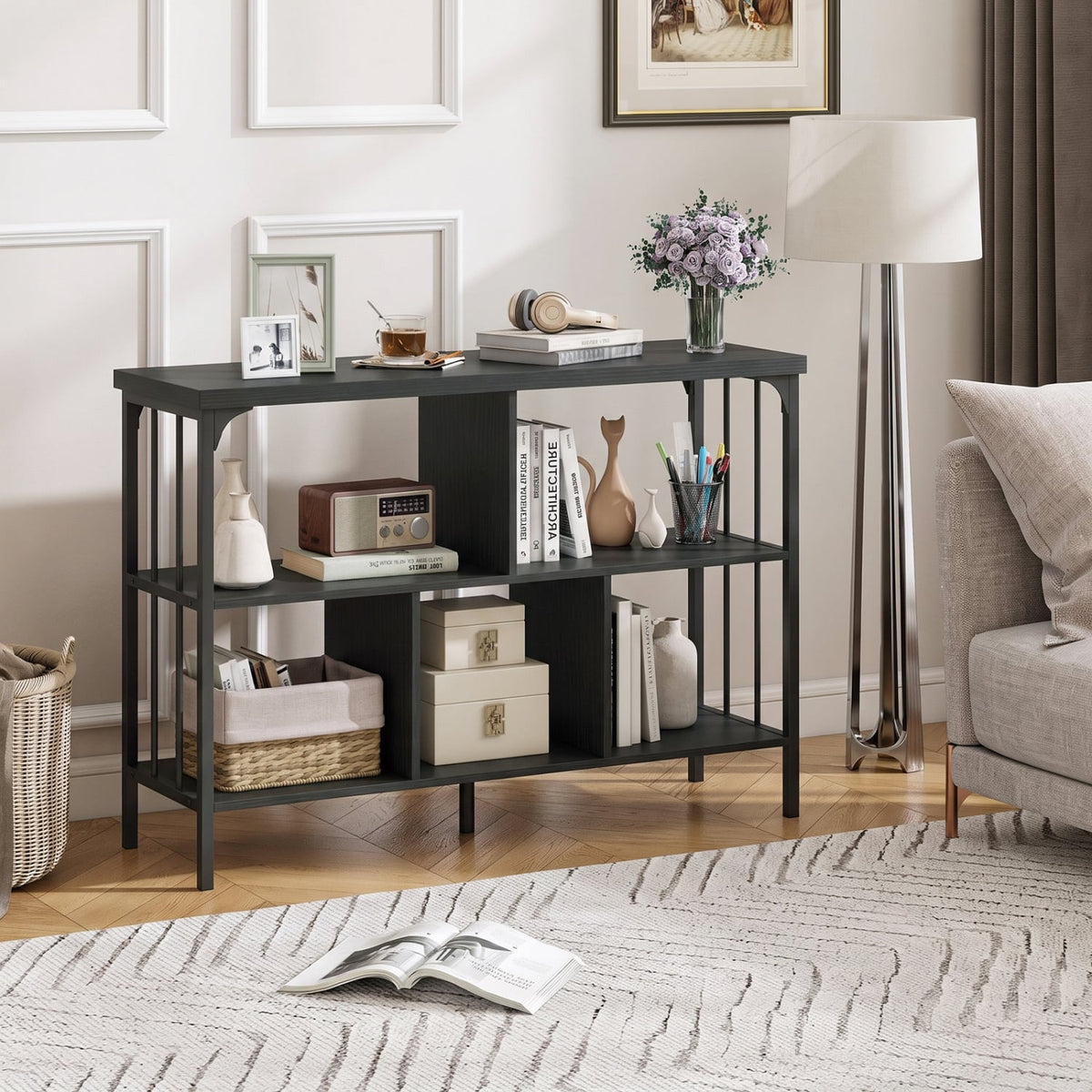 3-Tier Horizontal Cubby Bookshelf with Open Shelves-Black-Bookcases-DECOROLALA