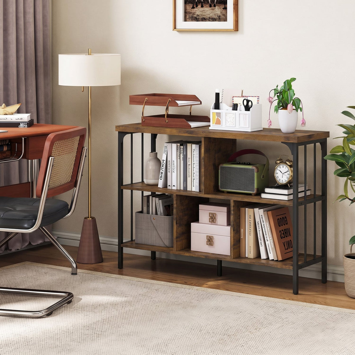 3-Tier Horizontal Cubby Bookshelf with Open Shelves-Rustic Brown-Bookcases-DECOROLALA