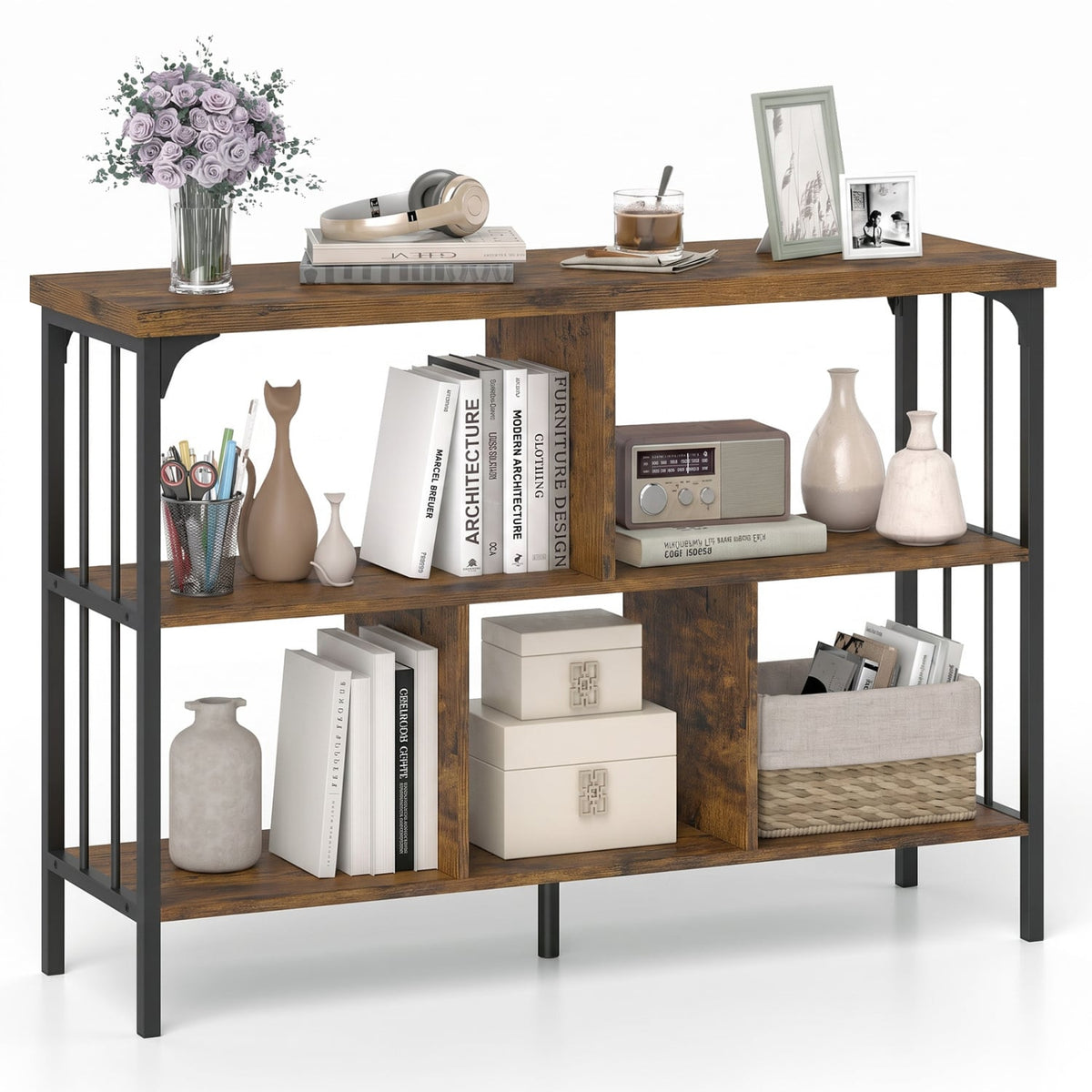 3-Tier Horizontal Cubby Bookshelf with Open Shelves-Rustic Brown-Bookcases-DECOROLALA