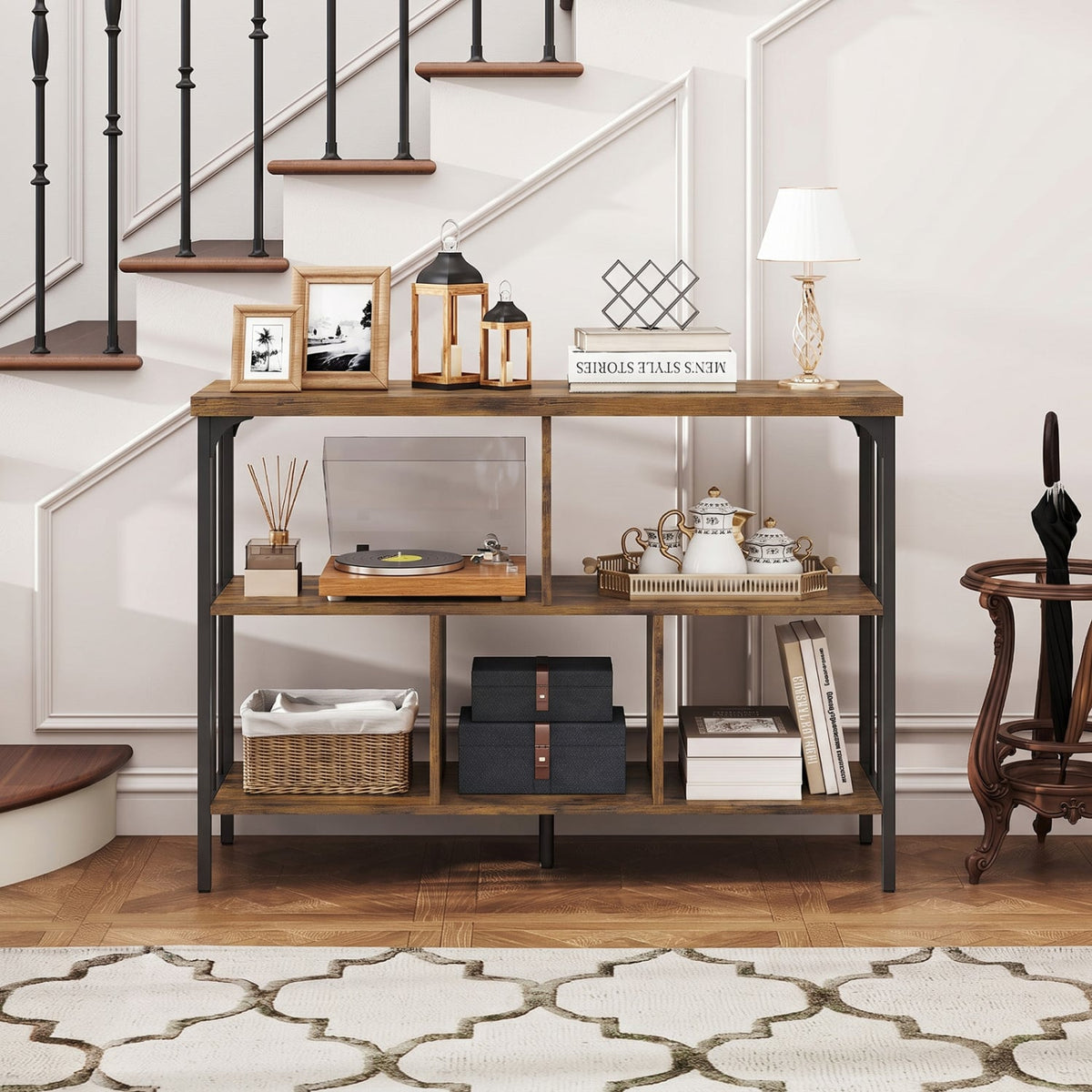 3-Tier Horizontal Cubby Bookshelf with Open Shelves-Rustic Brown-Bookcases-DECOROLALA