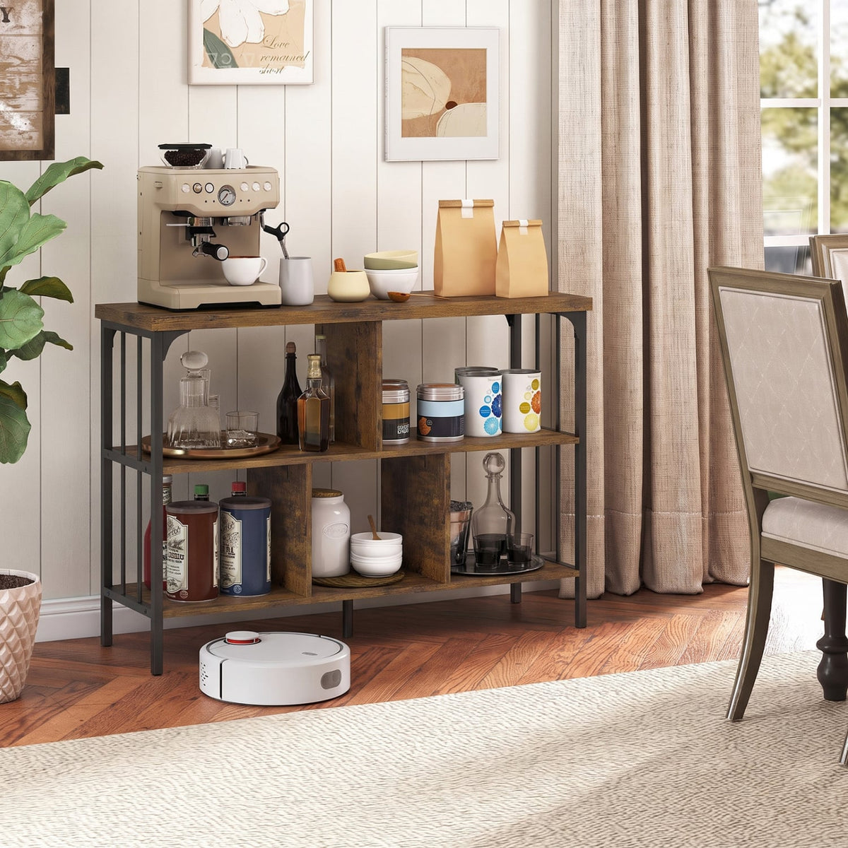 3-Tier Horizontal Cubby Bookshelf with Open Shelves-Rustic Brown-Bookcases-DECOROLALA