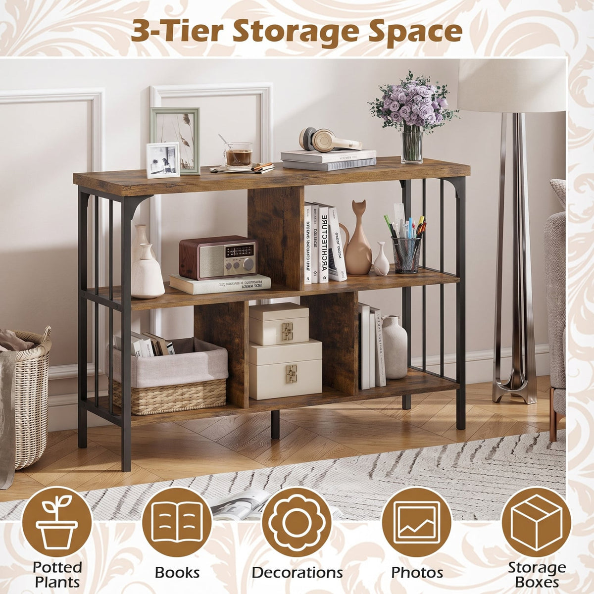 3-Tier Horizontal Cubby Bookshelf with Open Shelves-Rustic Brown-Bookcases-DECOROLALA