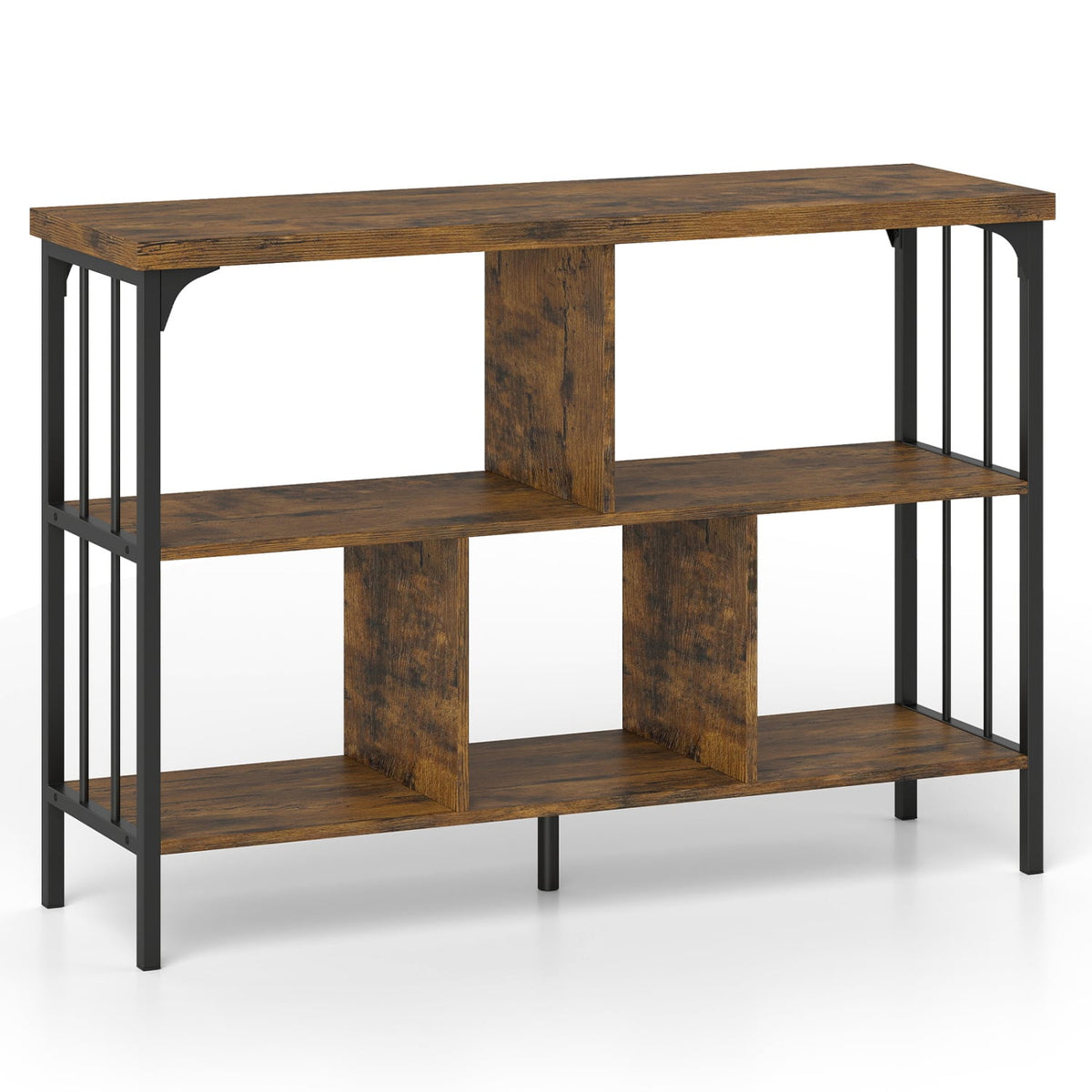 3-Tier Horizontal Cubby Bookshelf with Open Shelves-Rustic Brown-Bookcases-DECOROLALA