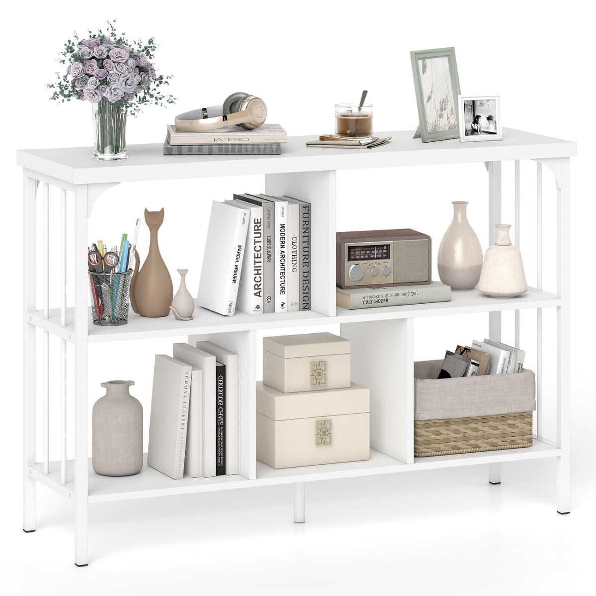 3-Tier Horizontal Cubby Bookshelf with Open Shelves-White-Bookcases-DECOROLALA