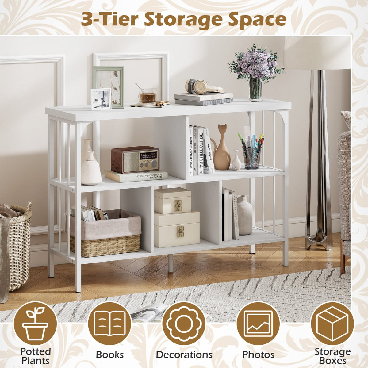 3-Tier Horizontal Cubby Bookshelf with Open Shelves-White-Bookcases-DECOROLALA