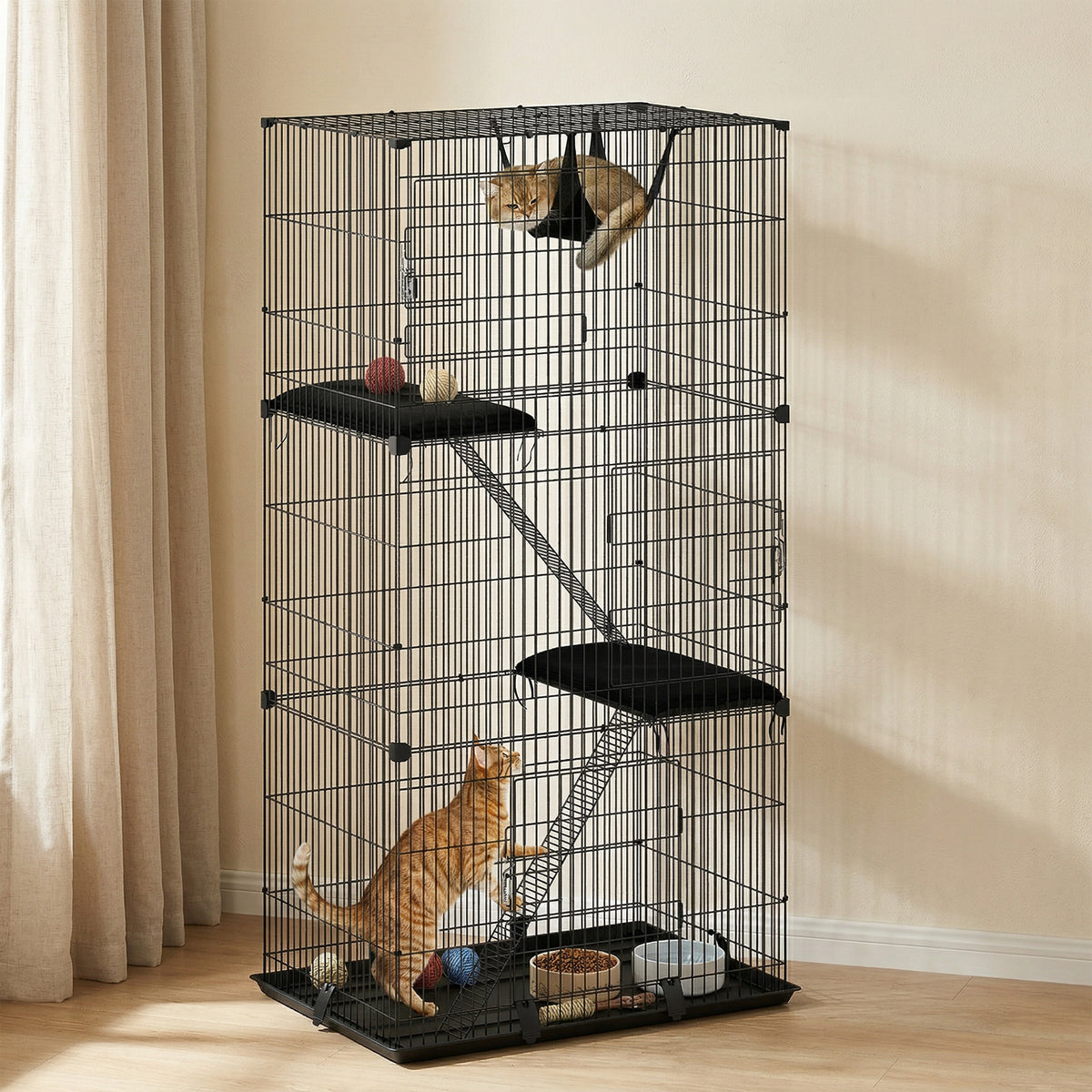 3-Tier Indoor Cat Cage - Black Metal Wire Kennel with Hammock-Cat Supplies-DECOROLALA