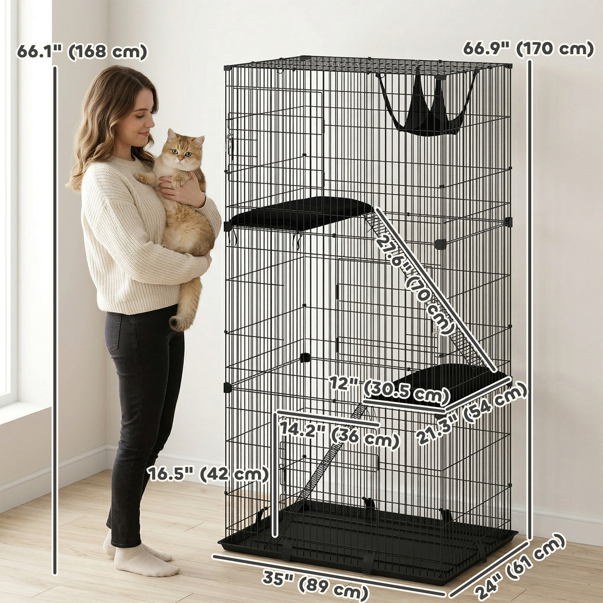 3-Tier Indoor Cat Cage - Black Metal Wire Kennel with Hammock-Cats-DECOROLALA