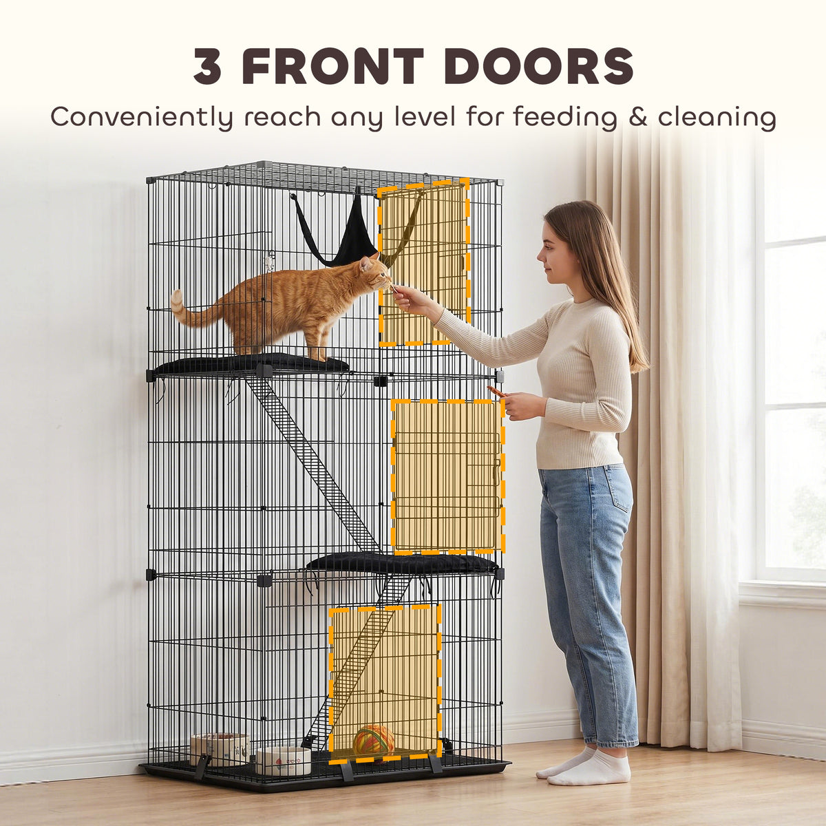 3-Tier Indoor Cat Cage - Black Metal Wire Kennel with Hammock-Cats-DECOROLALA