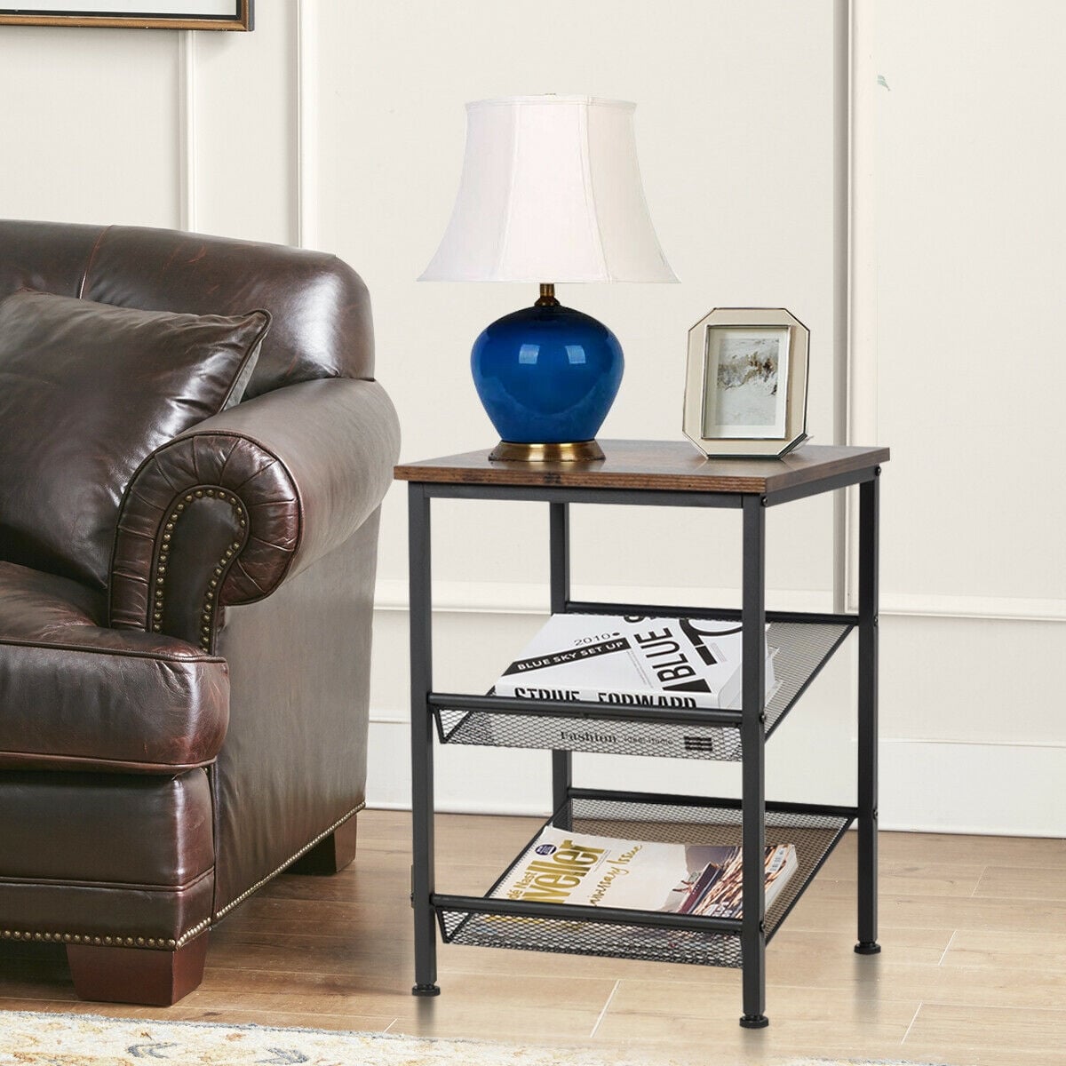 3-Tier Industrial End Table with Mesh Shelves and Adjustable Shelves-End & Side Tables-DECOROLALA