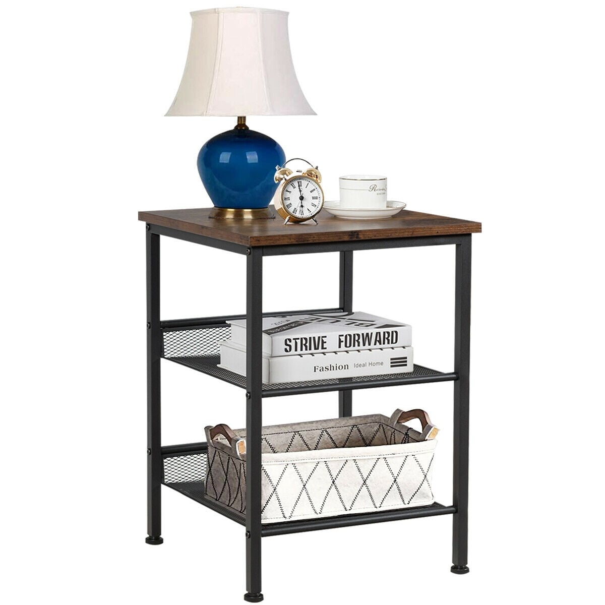 3-Tier Industrial End Table with Mesh Shelves and Adjustable Shelves-End & Side Tables-DECOROLALA