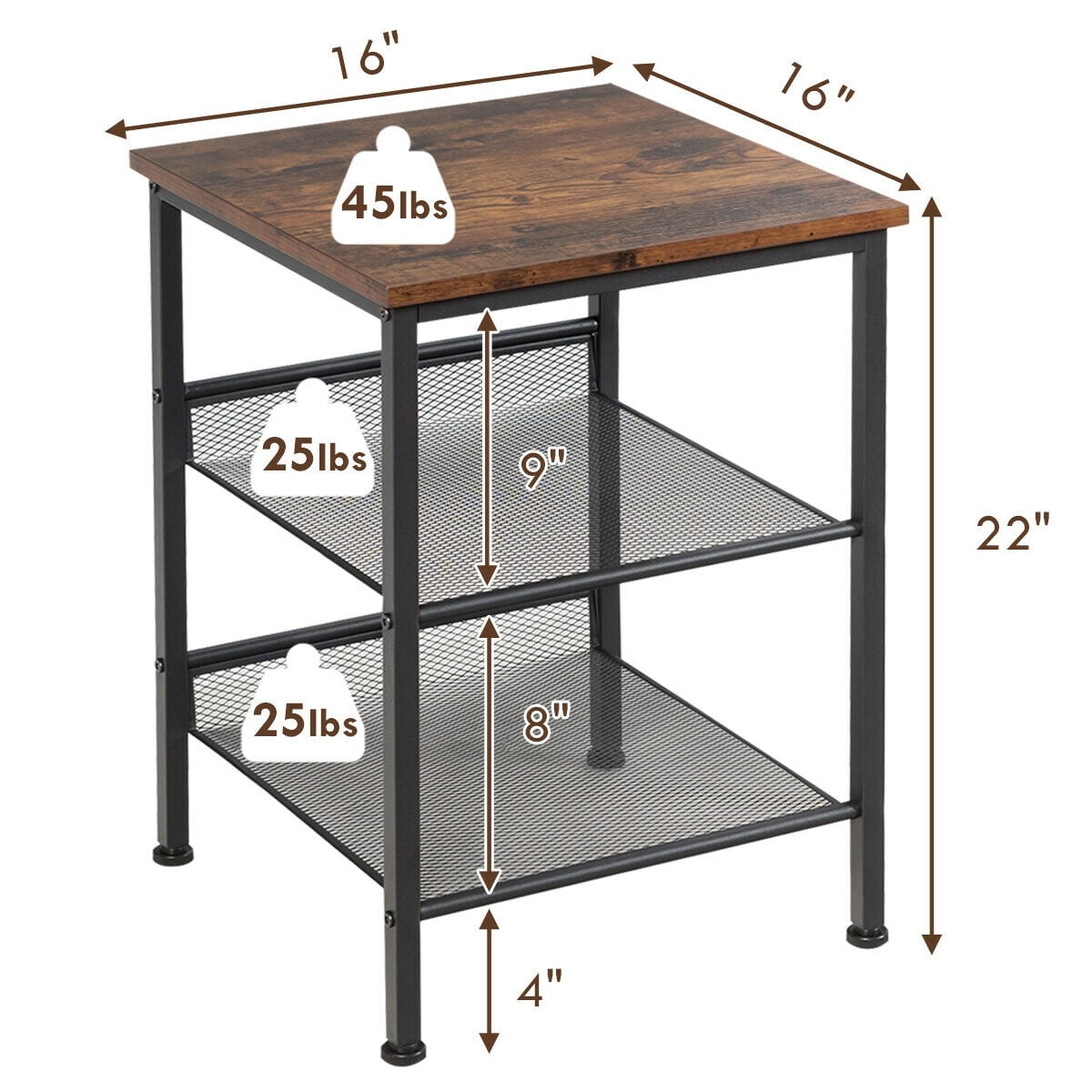 3-Tier Industrial End Table with Mesh Shelves and Adjustable Shelves-End & Side Tables-DECOROLALA