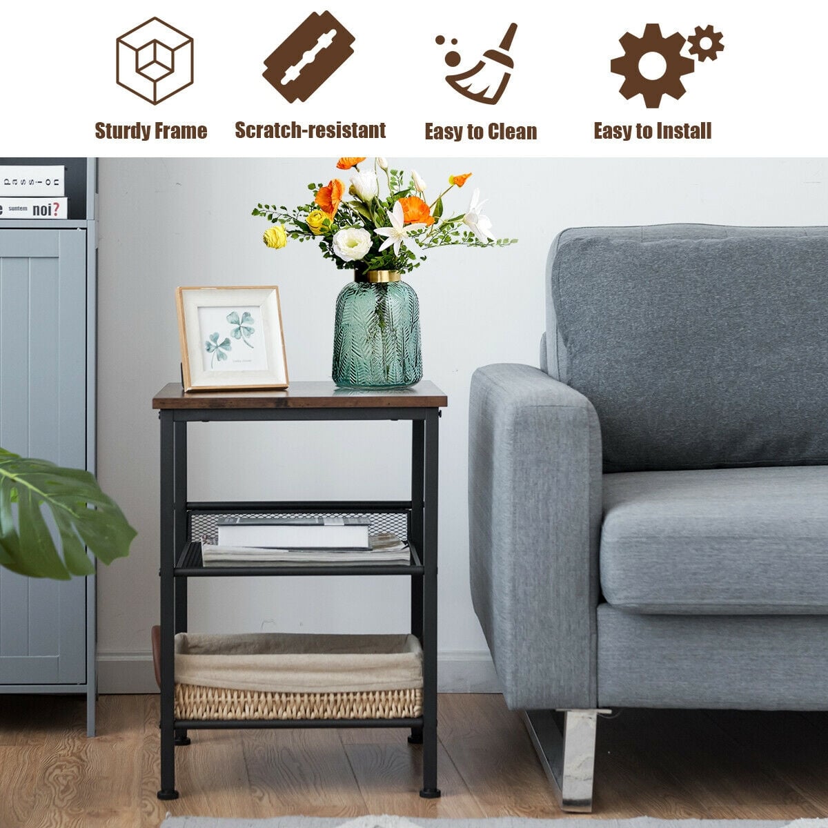 3-Tier Industrial End Table with Mesh Shelves and Adjustable Shelves-End & Side Tables-DECOROLALA