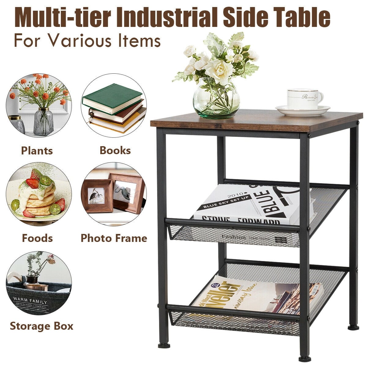 3-Tier Industrial End Table with Mesh Shelves and Adjustable Shelves-End & Side Tables-DECOROLALA