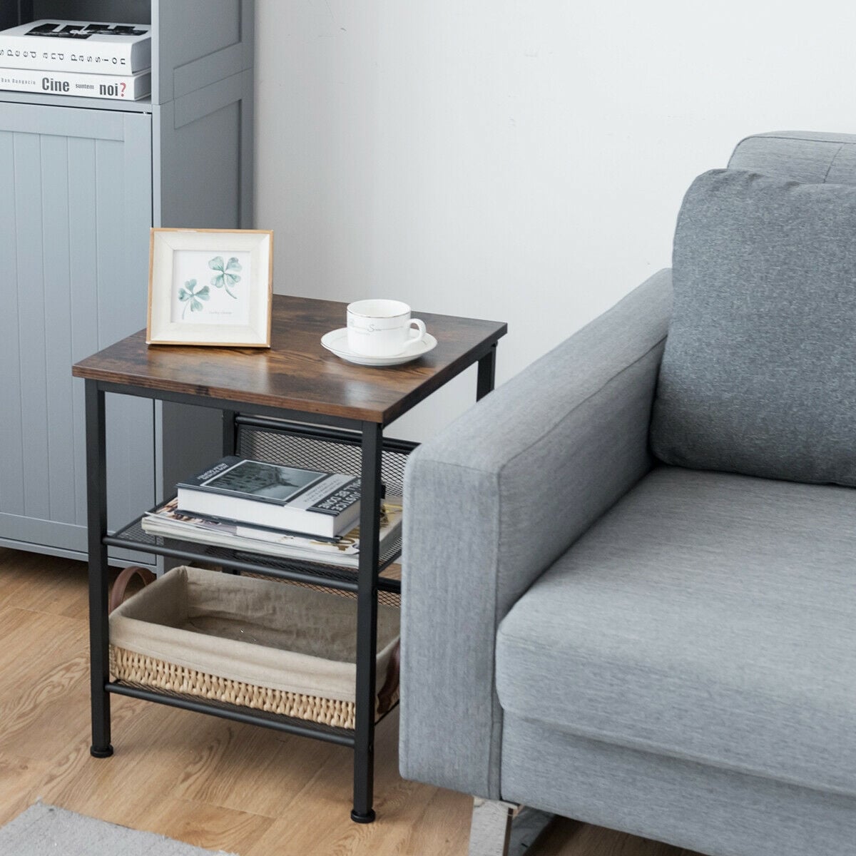 3-Tier Industrial End Table with Mesh Shelves and Adjustable Shelves-End & Side Tables-DECOROLALA