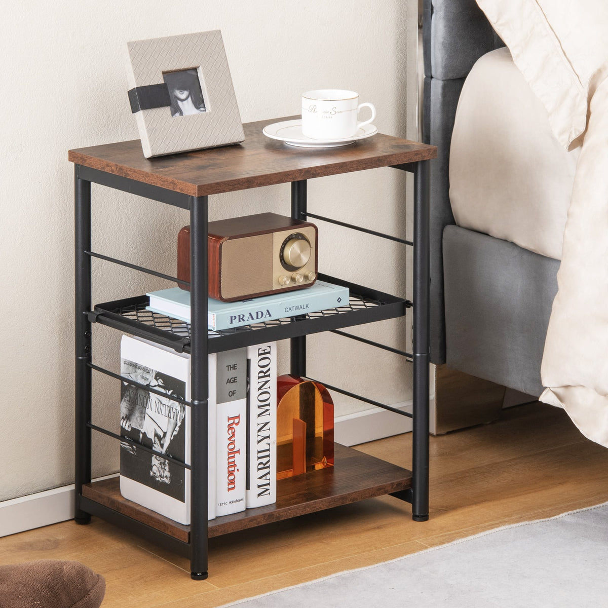 3-Tier Industrial Side Table with Adjustable Mesh Shelf-Rustic Brown-End & Side Tables-DECOROLALA