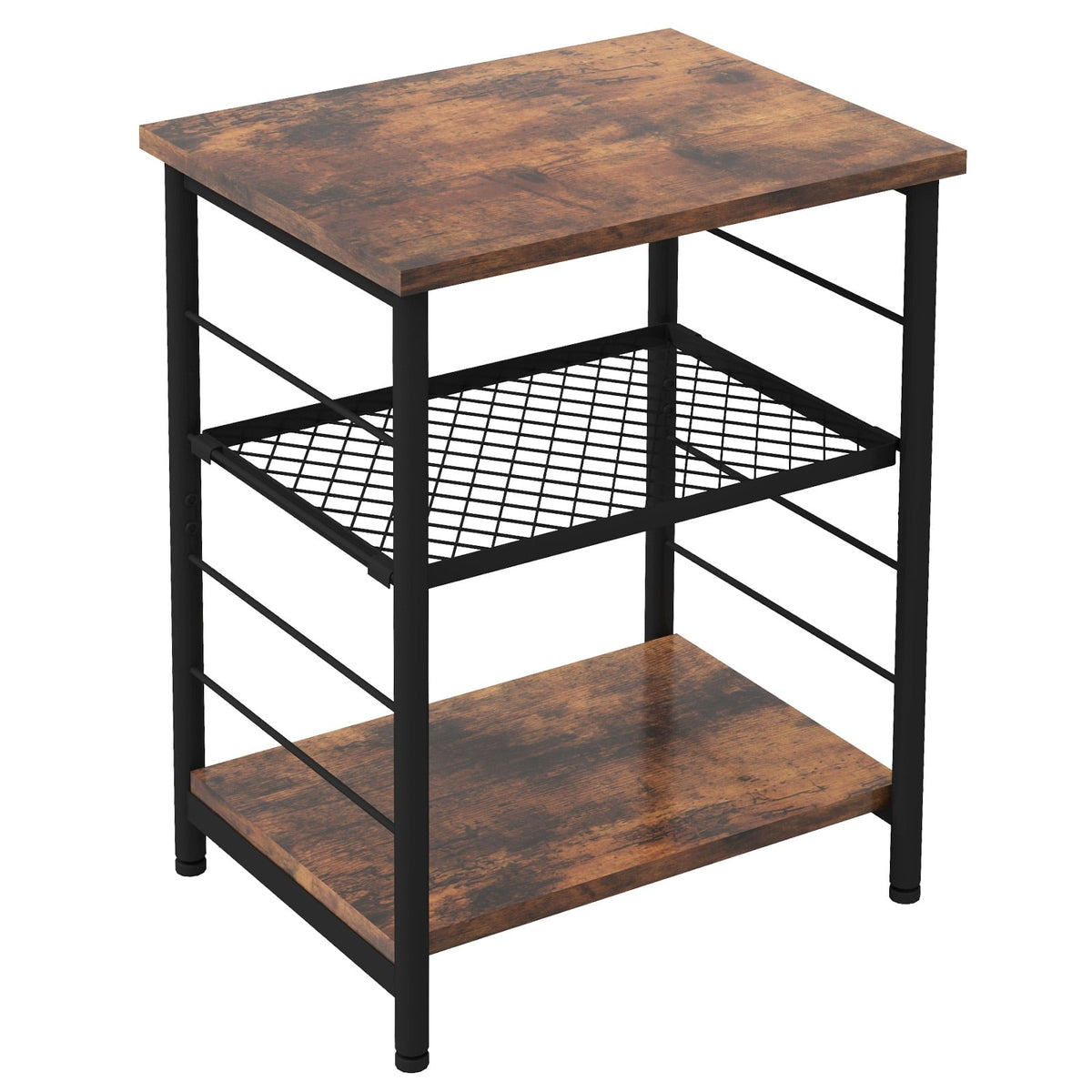 3-Tier Industrial Side Table with Adjustable Mesh Shelf-Rustic Brown-End & Side Tables-DECOROLALA
