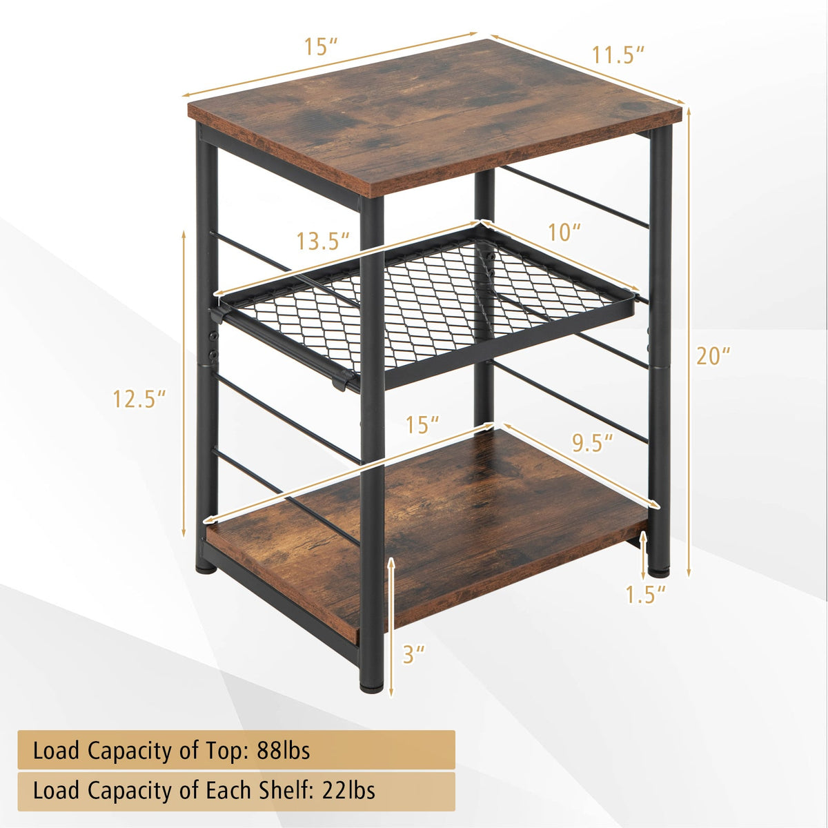 3-Tier Industrial Side Table with Adjustable Mesh Shelf-Rustic Brown-End & Side Tables-DECOROLALA