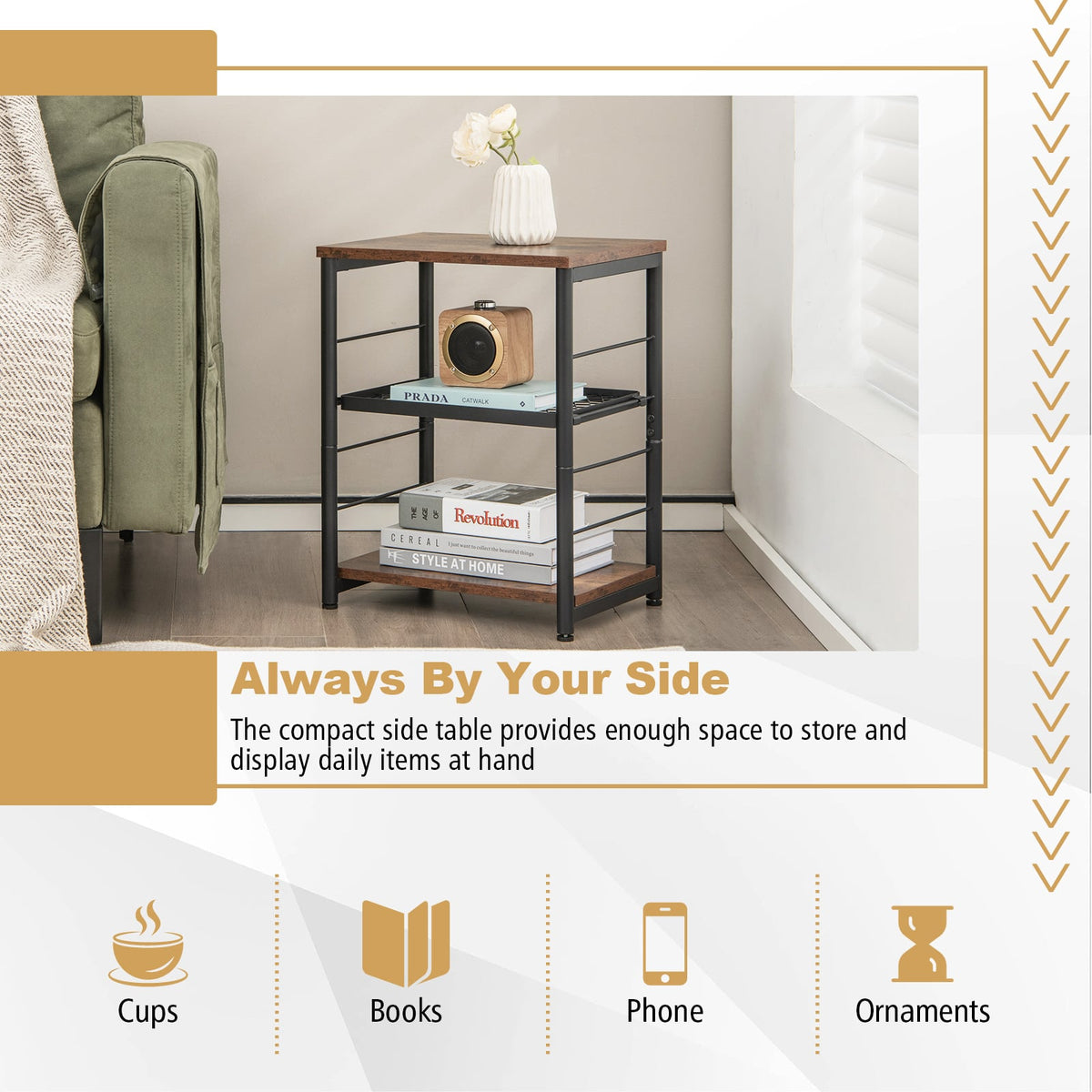 3-Tier Industrial Side Table with Adjustable Mesh Shelf-Rustic Brown-End & Side Tables-DECOROLALA