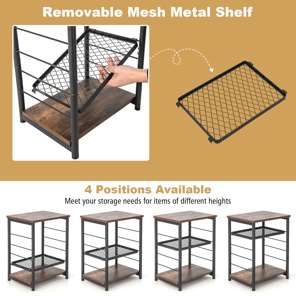3-Tier Industrial Side Table with Adjustable Mesh Shelf-Rustic Brown-End & Side Tables-DECOROLALA