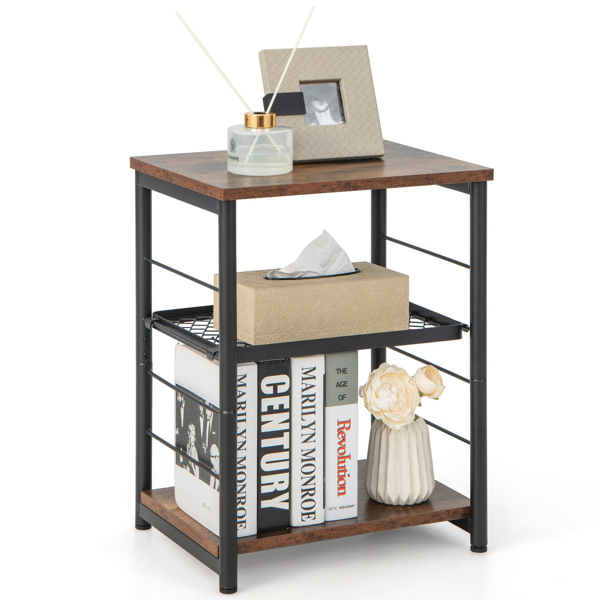 3-Tier Industrial Side Table with Adjustable Mesh Shelf-Rustic Brown-End & Side Tables-DECOROLALA