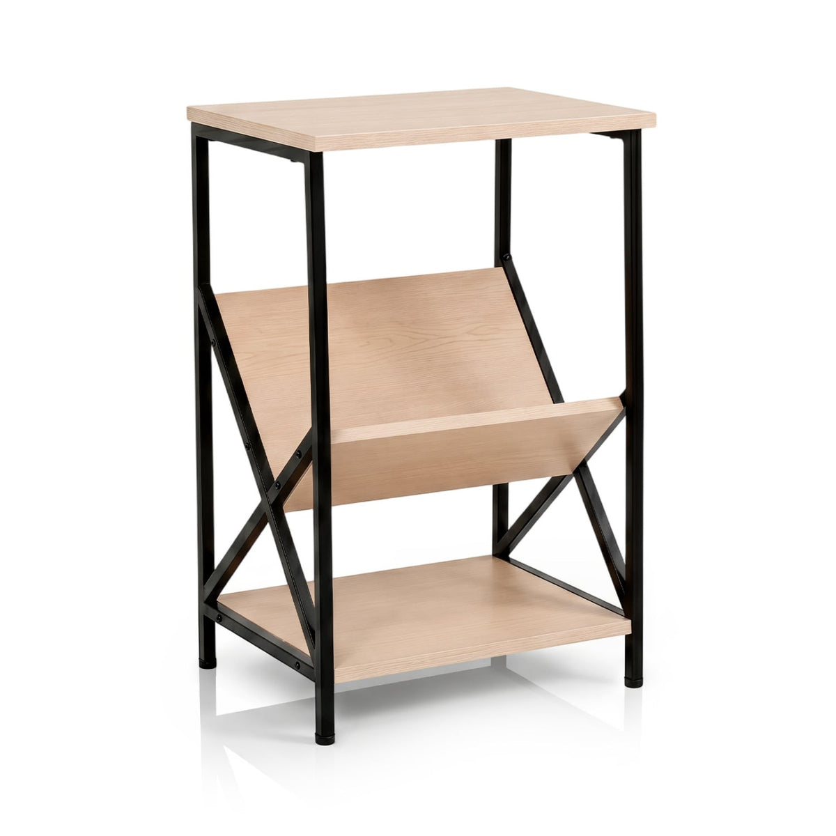 3-Tier Industrial Side Table with V-shaped Bookshelf for Living Room-Natural-End & Side Tables-DECOROLALA