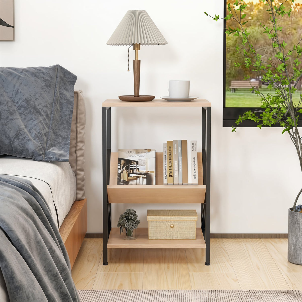 3-Tier Industrial Side Table with V-shaped Bookshelf for Living Room-Natural-End & Side Tables-DECOROLALA