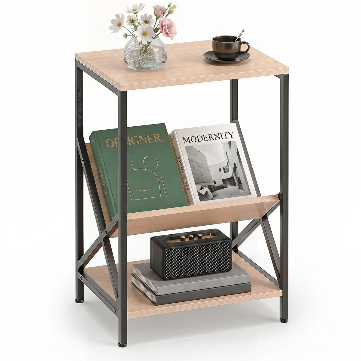 3-Tier Industrial Side Table with V-shaped Bookshelf for Living Room-Natural-End & Side Tables-DECOROLALA