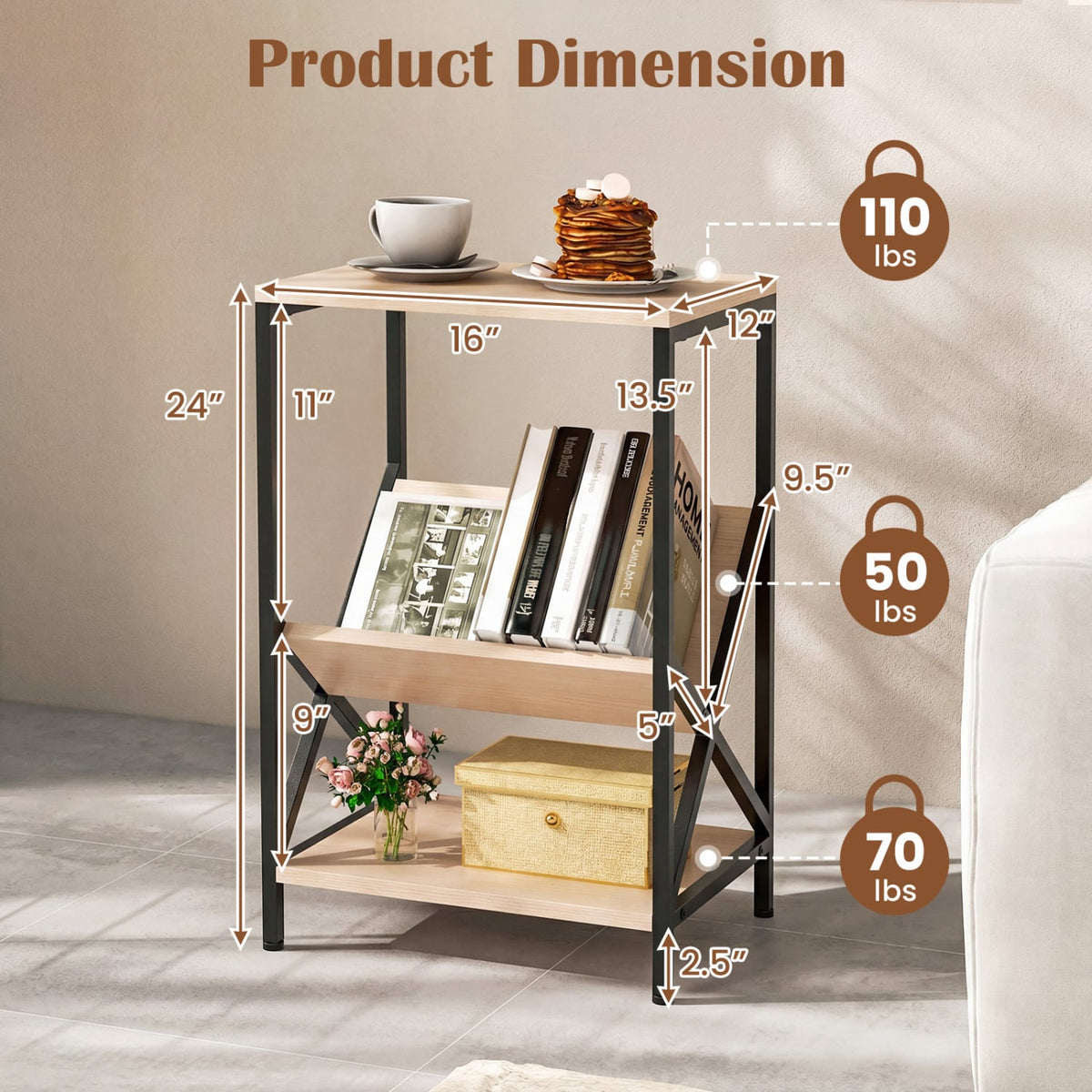 3-Tier Industrial Side Table with V-shaped Bookshelf for Living Room-Natural-End & Side Tables-DECOROLALA