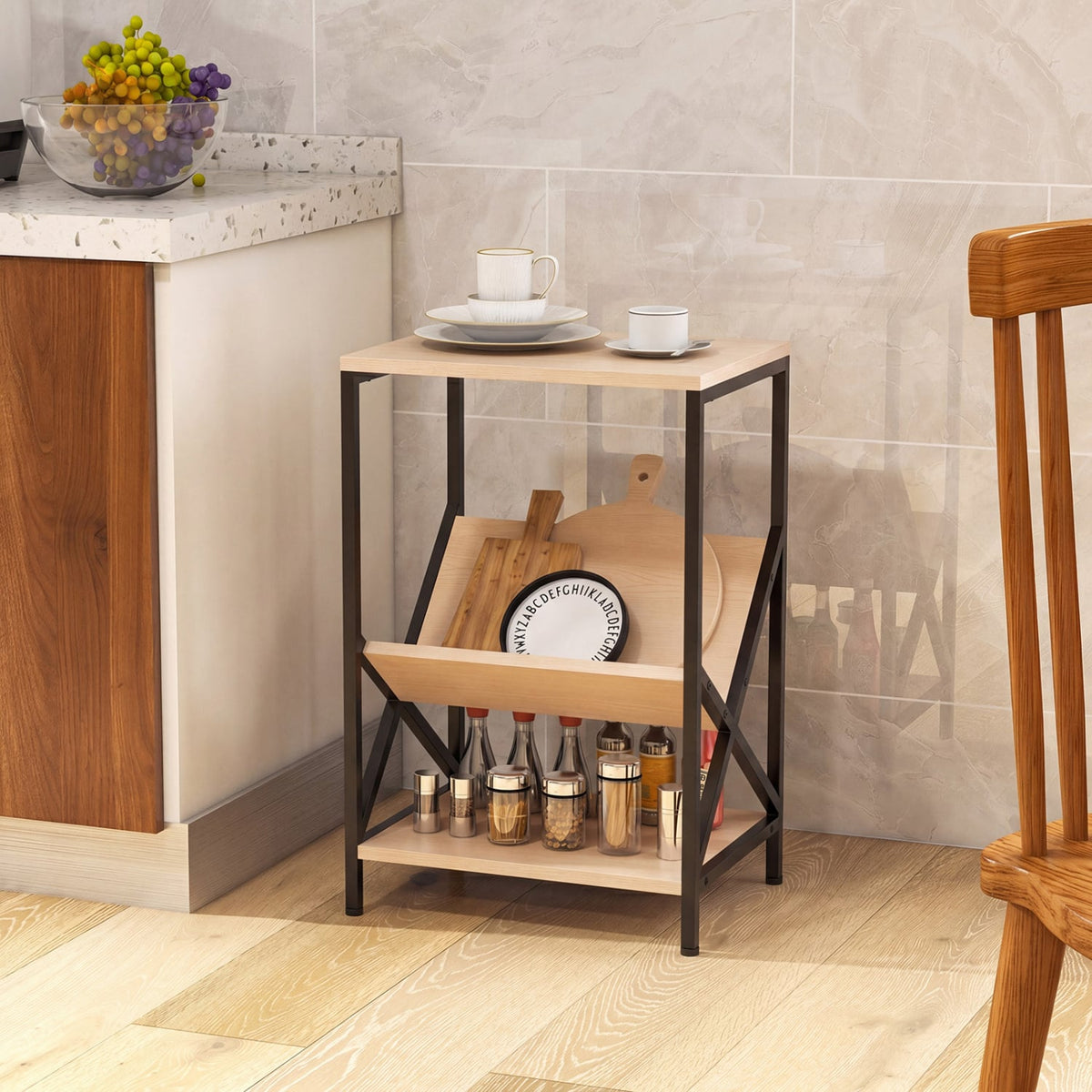 3-Tier Industrial Side Table with V-shaped Bookshelf for Living Room-Natural-End & Side Tables-DECOROLALA