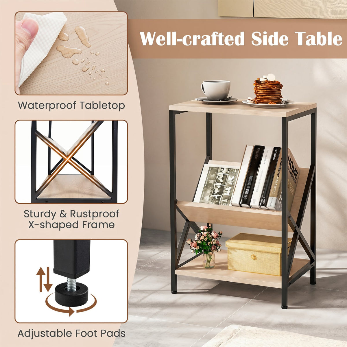 3-Tier Industrial Side Table with V-shaped Bookshelf for Living Room-Natural-End & Side Tables-DECOROLALA