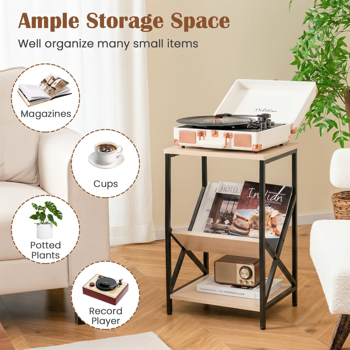 3-Tier Industrial Side Table with V-shaped Bookshelf for Living Room-Natural-End & Side Tables-DECOROLALA