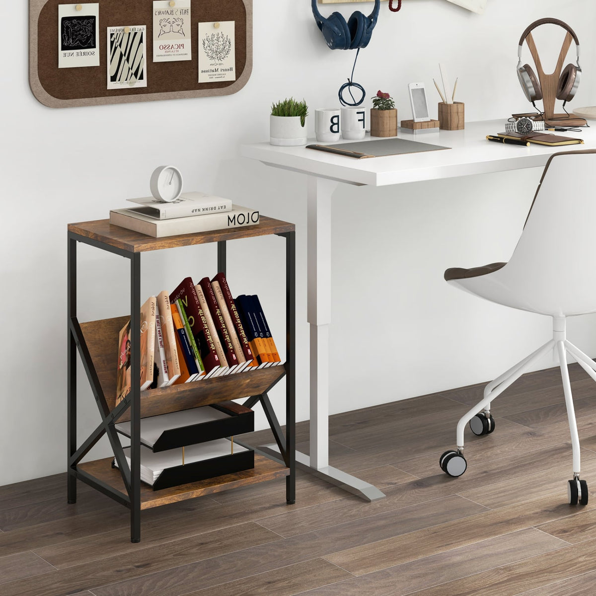 3-Tier Industrial Side Table with V-shaped Bookshelf for Living Room-Rustic Brown-End & Side Tables-DECOROLALA