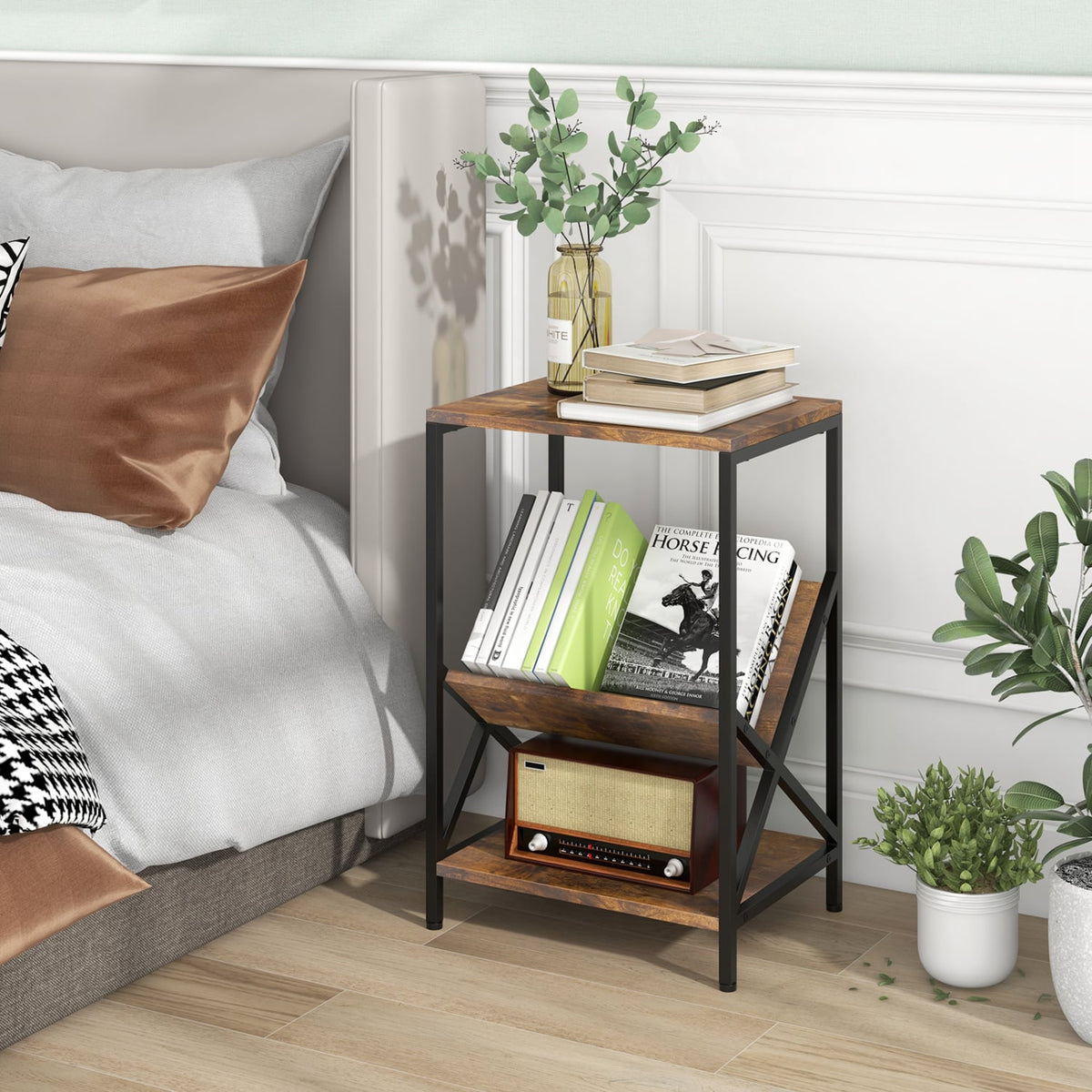 3-Tier Industrial Side Table with V-shaped Bookshelf for Living Room-Rustic Brown-End & Side Tables-DECOROLALA