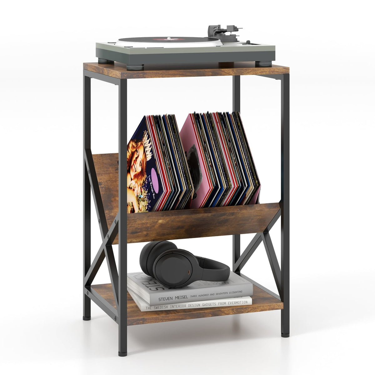 3-Tier Industrial Side Table with V-shaped Bookshelf for Living Room-Rustic Brown-End & Side Tables-DECOROLALA