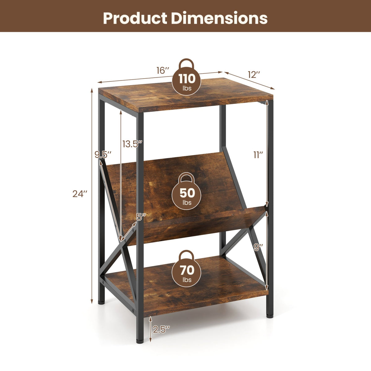 3-Tier Industrial Side Table with V-shaped Bookshelf for Living Room-Rustic Brown-End & Side Tables-DECOROLALA